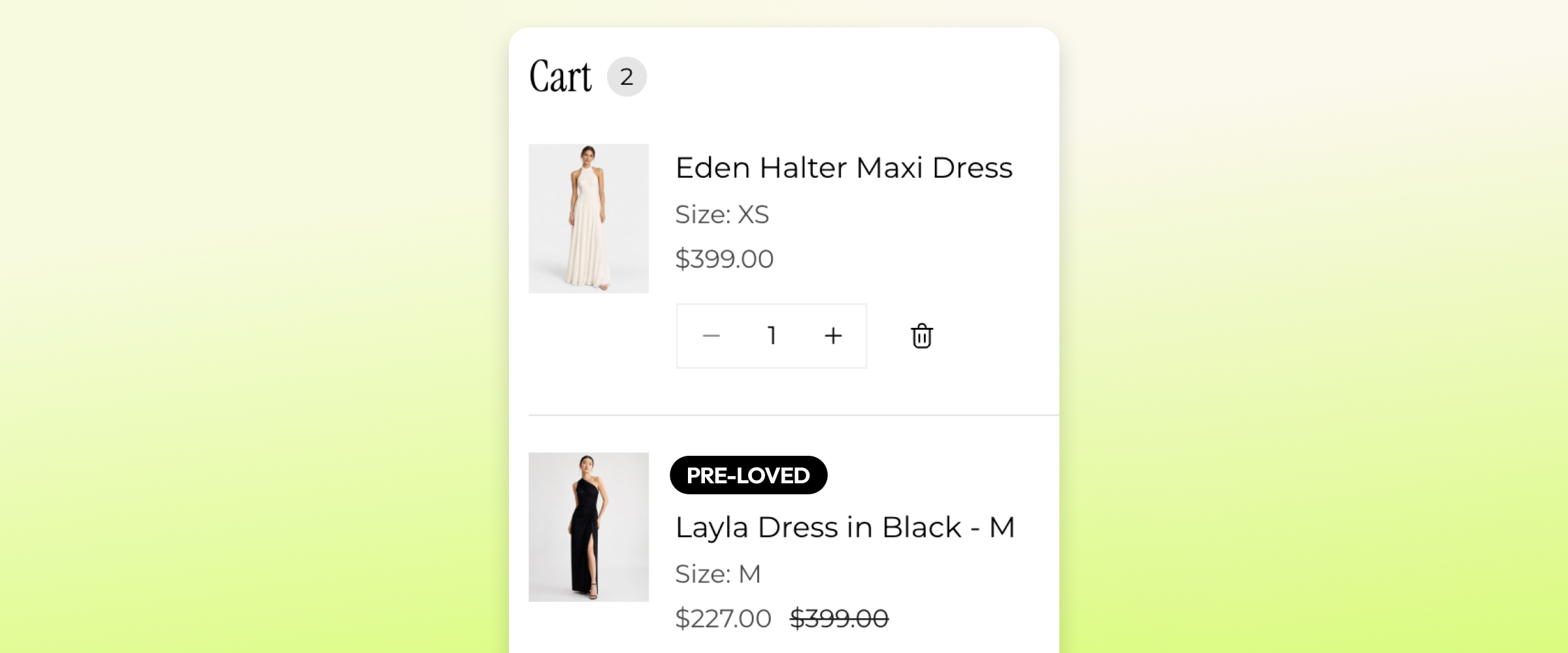 A Shopify cart containing a new Eden Halter Maxi Dress and a Pre-Loved Layla Dress in one checkout