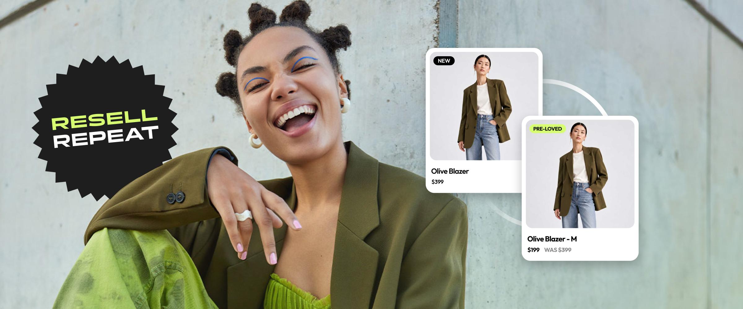 Resell Repeat graphic showing an olive blazer as a new product and a Pre-Loved listing